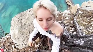 The cute girlfriend passionately sucks dick on the ocean shore in this hot scene