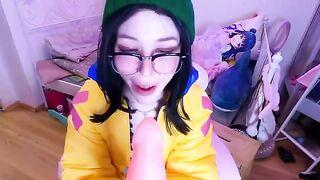 Gamer girl in valorant cosplay is sucking and fucking a big dildo