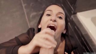 An extra small girl, Danika Mori, shakes her big ass on a huge cock