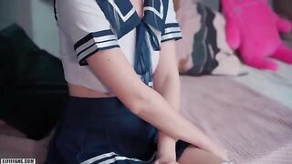 A kawaii schoolgirl, inspired by Eva Elfie, gets creampied and receives a facial