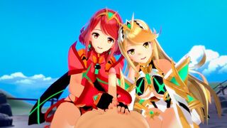 Mythra and Pyra enjoy a threesome with an old friend in 3D hentai