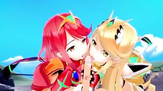 Mythra and Pyra enjoy a threesome with an old friend in 3D hentai