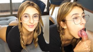 The cute girl got a huge dick in her throat and received a warm throat pie