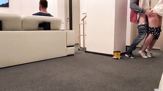The delivery guy came for the pizza and received a special treat