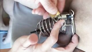 Femdom milking with chastity belt and e-stim for intense prostate stimulation