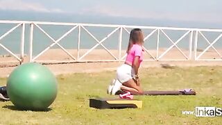 Gym teacher from Peru is doing exercises with amazing slut