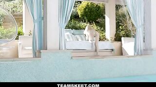 Skinny bitch Lola Fae doing yoga by the pool, getting fucked hard