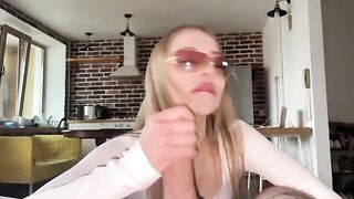 A pretty woman with glasses fucks a dirty guy and swallows his cum
