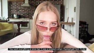 A pretty woman with glasses fucks a dirty guy and swallows his cum
