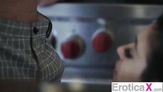 The pretty couple has a hot sex in the kitchen, brought by Eroticax