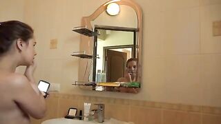 Hairy mature MILF with big boobs fucks herself early in the morning
