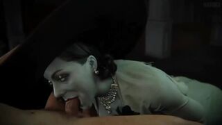 The evil Lady Dimitrescu sucking cock in an animated Overwatch scene