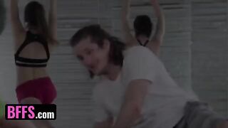 A yoga enthusiast is having fun with his teacher and classmates during a session