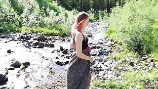 A teen redhead girl gets creampied outdoors by a guy