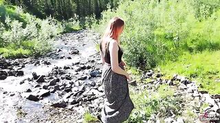 A teen redhead girl gets creampied outdoors by a guy