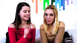 Two cute girls share a big cock in their mouths