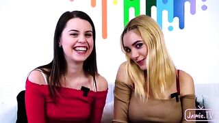 Two cute girls share a big cock in their mouths