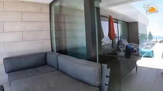 A blonde girl with socks in the pool has sex with her boyfriend