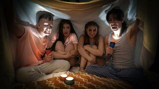 Two naughty boys scared Aubrey and Penelope then fucked them hard in a steamy foursome
