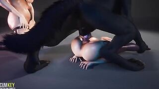 Two appetizing girls are fucking with a werewolf in this hot video