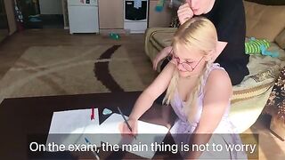 A shy student couldn't resist the tutor and took him in her mouth