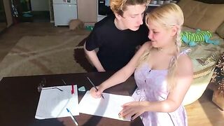 A shy student couldn't resist the tutor and took him in her mouth