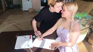 A shy student couldn't resist the tutor and took him in her mouth