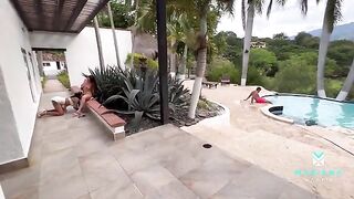 Hot threesome sex with Mariana, Duncan, and Sara by the pool