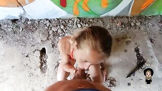 A cute blonde is fucking with a guy in the abandoned building