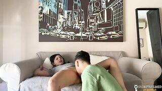 Stepsister and I were at home alone, so we had sex on the living room couch