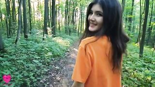 A girl is hungry for cock, so she found a guy to eat his balls in the forest