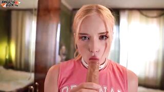 Fucking a cute girl through jeans hole and cum in her mouth