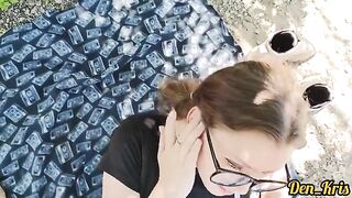 A cute schoolgirl got a lot of warm cum on her face and hair