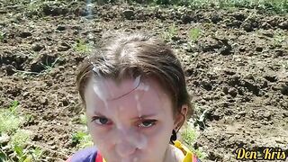 A cute schoolgirl got a lot of warm cum on her face and hair