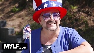 Ariella Ferrera, the busty MILF, and her stepdaughter Jennifer Jacobs enjoy a sexy fourth of July party
