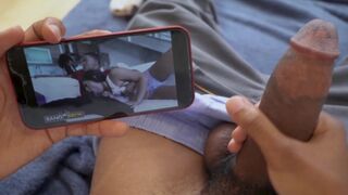 Young guy masturbates to his own porn video featuring Julz Gotti, getting surprised