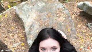 Girl fucked hard by a guy in the woods, her mouth full of cock