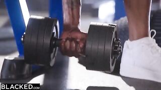 Two gorgeous gym bunnies sharing two huge black cocks in intense action