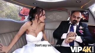 The bride allows her husband to watch her getting anal in the wedding limousine