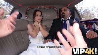 The bride allows her husband to watch her getting anal in the wedding limousine