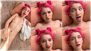 The pretty girl plays with her small pussy, teasing with every move