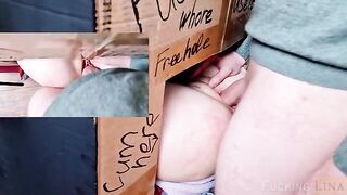 A girl was fucked in the pussy through the glory hole three times