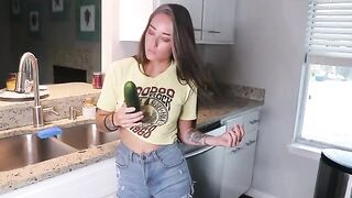 Getting ready for lunch with a big toy in the kitchen
