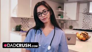 A stepdaughter in a nurse's uniform tests her stepdad's willpower