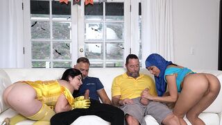 Two stepdaughters in costumes get fucked by their stepdads on Halloween