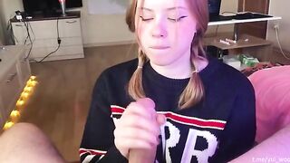 The student gently sucks cock and gets cum on her tongue in POV style