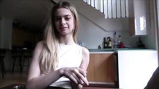 A step dad is having fun with his tiny stepdaughter in a steamy session