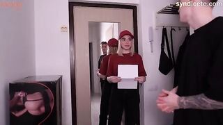 A cute girl met a random stranger when she was delivering a package