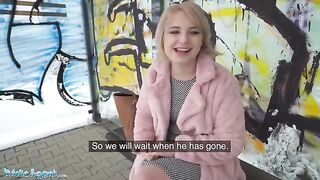 Short haired blonde teen picked up at the bus stop for cash by Public Agent