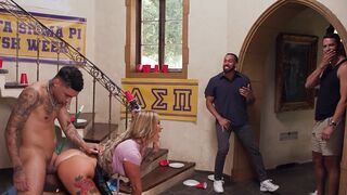 Busty MILF housekeeper gets fucked hard by a group of men